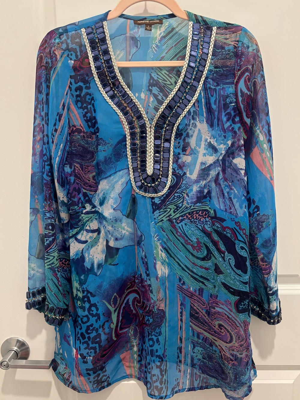 Adrienne Vittadini Blue Multi-Color Beaded V-Neck Tunic size Small